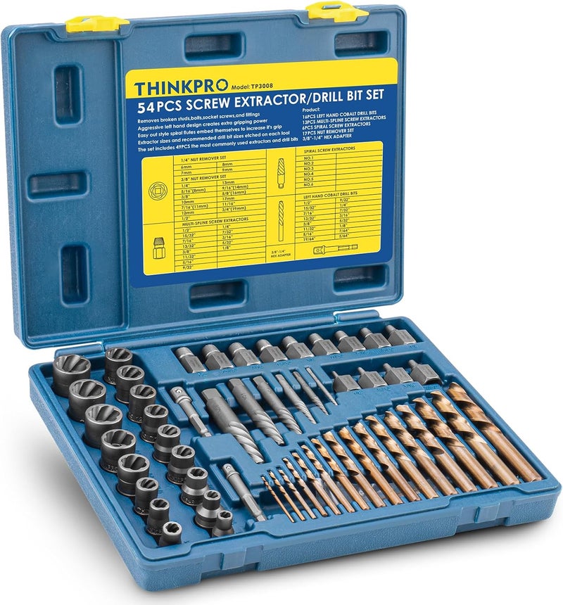 Thinkpro Screw & Bolt Extractor Set and Left Hand Drill Bit Kit,54 PCS Easy Out Stripped Screw Remover with Hex Adapter,Lug Nut Remover for Broken,Damaged,Rusted,Rounded-Off Studs. - Image 1